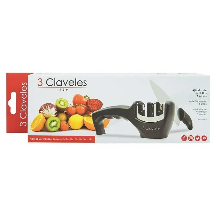 3 Claveles Afilador de cuchillos - Negro - Imagen de un paquete de afilador de cuchillos 3 Claveles, con verduras y una guía de afilado de 3 pasos.