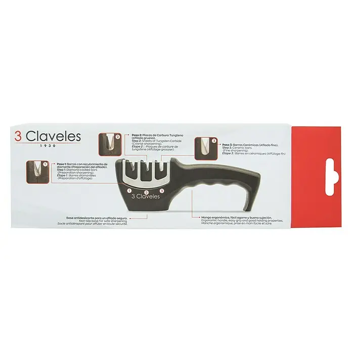 3 Claveles Afilador de cuchillos - Negro - Afilador de cuchillos 3 Claveles con tres etapas para afilar cuchillos: barras recubiertas de diamante, láminas de carburo de tungsteno y barras de cerámica.