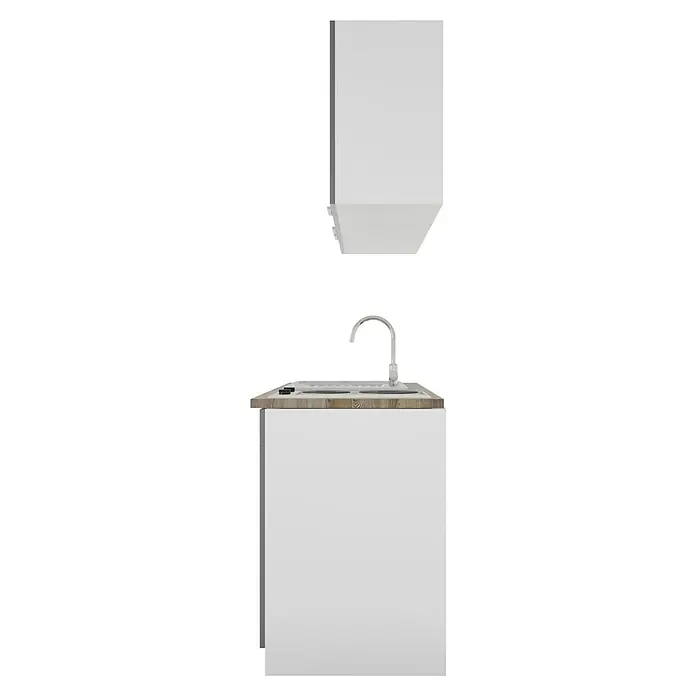 Respekta Cocina compacta Luis - Ancho: 150 cm, Gris, Frigorífico y placa de cocción doble, Color de la encimera: Roble - Un lavabo con un mueble bajo blanco y una encimera de madera. El grifo es cromado y tiene un diseño moderno.