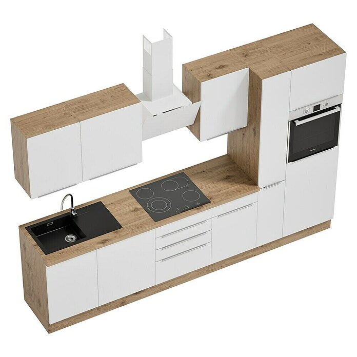 BAUHAUS Composición de cocina Marleen (Ancho: 310 cm, Blanco, Color del cuerpo: Marrón, Con electrodomésticos) | BAUHAUS