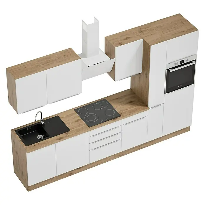 BAUHAUS Composición de cocina Marleen - Ancho: 310 cm, Blanco, Color del cuerpo: Marrón, Con electrodomésticos - Esta toma muestra una cocina moderna en blanco y aspecto de madera, con fregadero, placa de cocina, campana extractora y horno.