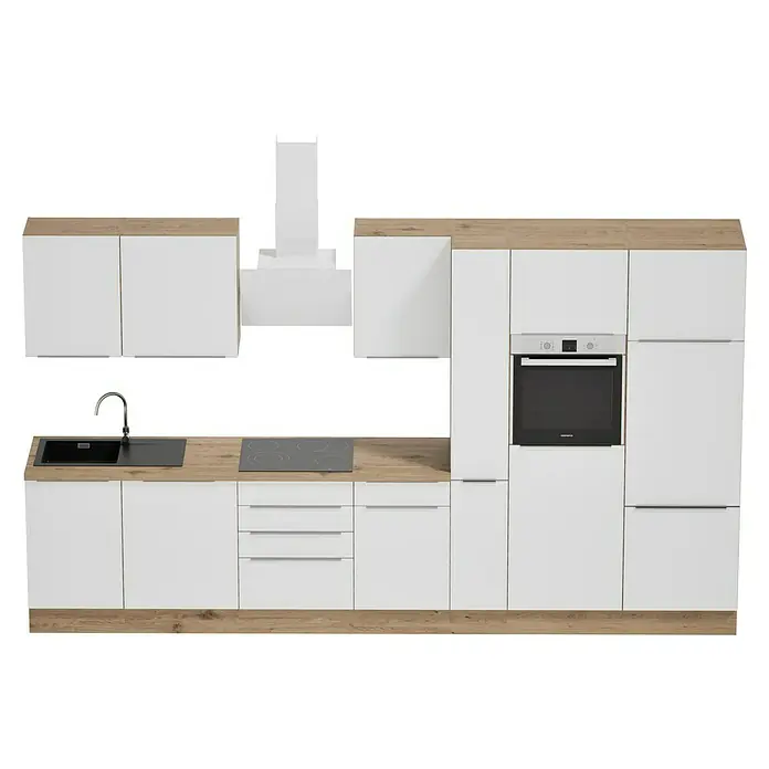 BAUHAUS Composición de cocina Marleen - Ancho: 370 cm, Blanco, Color del cuerpo: Marrón, Con electrodomésticos - Unidad de cocina con armarios blancos, encimera de madera, fregadero, fogones y horno. Diseño moderno para cocinas funcionales.