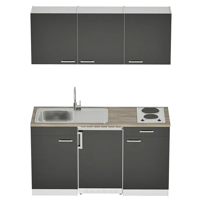 Respekta Cocina compacta Luis - Ancho: 150 cm, Negro, Frigorífico y placa de cocción doble, Color de la encimera: Roble - Cocina compacta con fregadero, hornillos y armarios grises. Ideal para espacios pequeños.