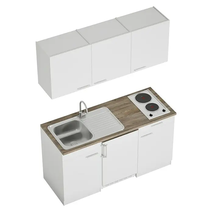 Respekta Cocina compacta Luis - Ancho: 150 cm, Blanco, Frigorífico y placa de cocción doble, Color de la encimera: Roble - Una cocina moderna con fregadero, fogones y armarios blancos ofrece funcionalidad y un diseño elegante para cualquier cocina.