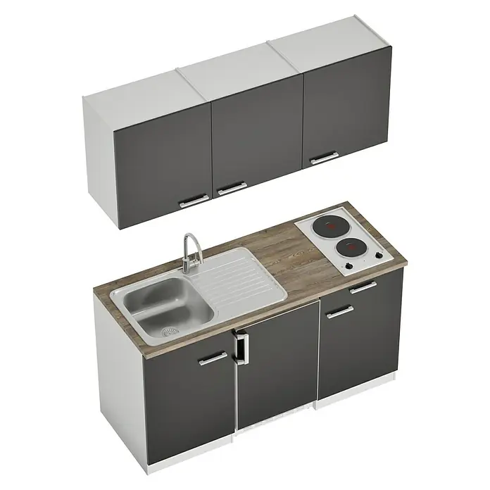Respekta Cocina compacta Luis - Ancho: 150 cm, Negro, Frigorífico y placa de cocción doble, Color de la encimera: Roble - Mueble de cocina con fregadero, vitrocerámica y armarios grises y blancos para cocinas modernas.