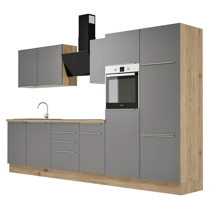 BAUHAUS Composición de cocina Marleen - Ancho: 340 cm, Gris, Color del cuerpo: Marrón, Con electrodomésticos - Elegante mueble de cocina gris con decoración de madera, incluyendo campana extractora y horno integrado, para un diseño moderno.