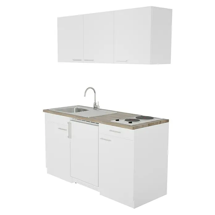 Respekta Cocina compacta Luis - Ancho: 150 cm, Blanco, Frigorífico y placa de cocción doble, Color de la encimera: Roble - Cocina americana blanca con fregadero, placa y armarios superiores, diseño moderno. Compacta, ideal para espacios pequeños.