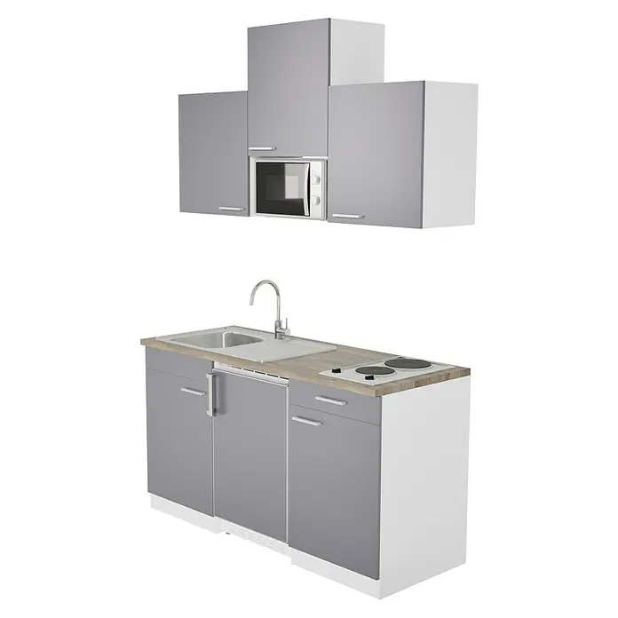 Respekta Cocina compacta Luis - Ancho: 150 cm, Gris, Con placa de cocina doble, Microondas, Color de la encimera: Nogal - Imagen de una cocina compacta con fregadero, vitrocerámica, microondas y espacio de almacenamiento en gris y blanco.