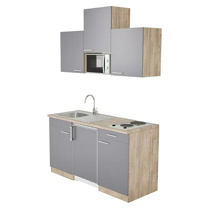 Respekta Cocina compacta Luis - Ancho: 150 cm, Gris, Placa de cocción doble, frigorífico y microondas, Microondas, Color de la encimera: Roble - Cocina compacta con fregadero, fogones, microondas y almacenaje. Ideal para espacios pequeños y apartamentos, con un diseño moderno en gris y madera.