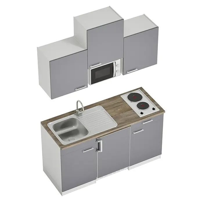 Respekta Cocina compacta Luis - Ancho: 150 cm, Gris, Con placa de cocina doble, Microondas, Color de la encimera: Nogal - Imagen de una cocina americana gris con fregadero, fogones y microondas bajo los armarios superiores. Equipamiento práctico para espacios pequeños.