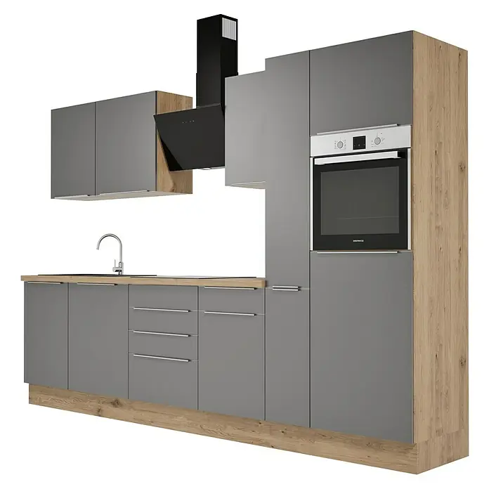 BAUHAUS Composición de cocina Marleen - Ancho: 310 cm, Gris, Color del cuerpo: Marrón, Con electrodomésticos - Imagen de una cocina gris con detalles de madera, completa con fregadero, fogones y campana extractora moderna.