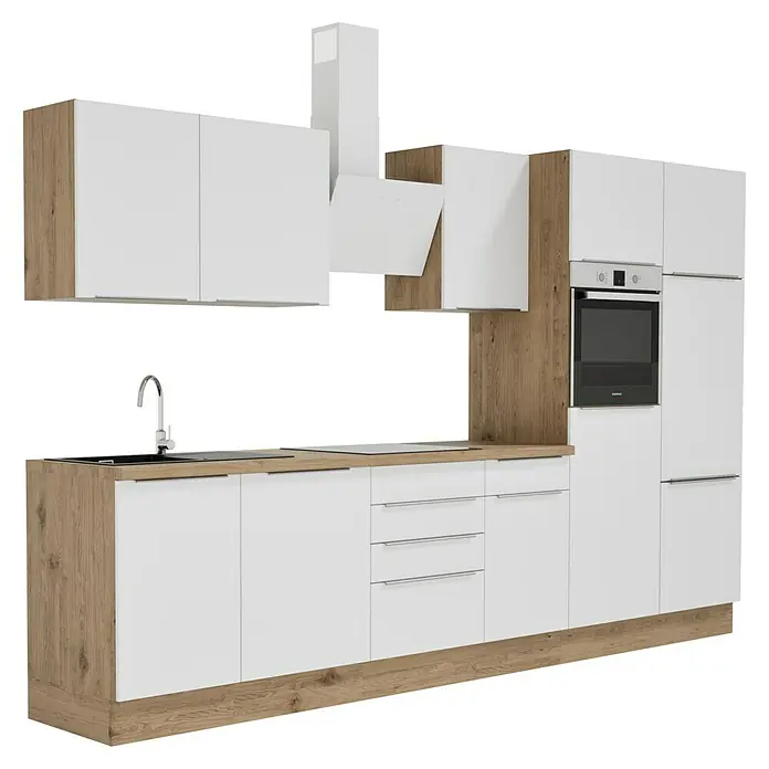 BAUHAUS Composición de cocina Marleen - Ancho: 340 cm, Blanco, Color del cuerpo: Marrón, Con electrodomésticos - Cocina moderna en blanco y aspecto de madera con armarios superiores e inferiores, horno integrado y campana extractora.
