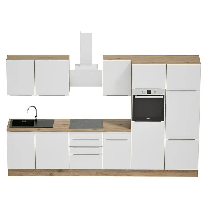 BAUHAUS Composición de cocina Marleen - Ancho: 340 cm, Blanco, Color del cuerpo: Marrón, Con electrodomésticos - Imagen de una cocina moderna con armarios blancos y encimeras con aspecto de madera, incluyendo fregadero, vitrocerámica y horno.