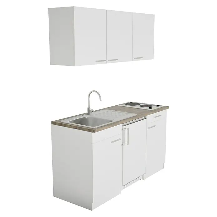 Respekta Cocina compacta Luis - Ancho: 150 cm, Blanco, Frigorífico y placa de cocción doble, Color de la encimera: Roble - Esta imagen muestra una cocina americana blanca con fregadero, vitrocerámica y armarios de pared, ideal para espacios pequeños.