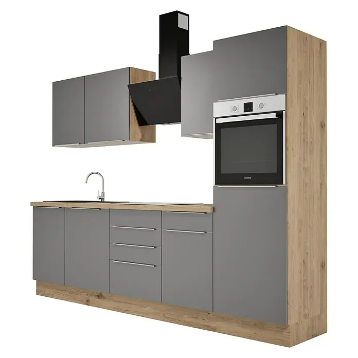 BAUHAUS Composición de cocina Marleen - Ancho: 280 cm, Gris, Color del cuerpo: Marrón, Con electrodomésticos - Muebles de cocina en gris y aspecto de madera con estufa integrada y campana extractora para un diseño de cocina moderno.