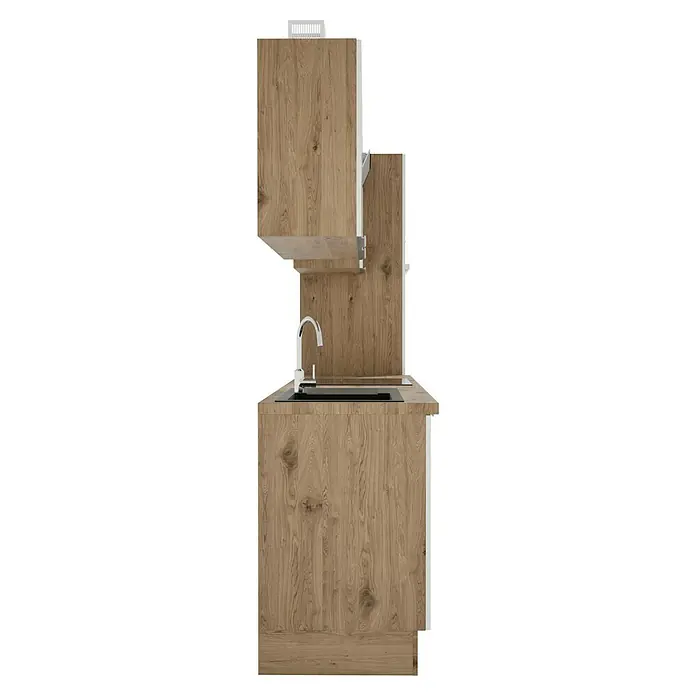 BAUHAUS Composición de cocina Marleen - Ancho: 310 cm, Blanco, Color del cuerpo: Marrón, Con electrodomésticos - La imagen muestra una unidad de cocina con fregadero, grifo y armario con un acabado de madera natural. Los frentes son simples y de diseño moderno.