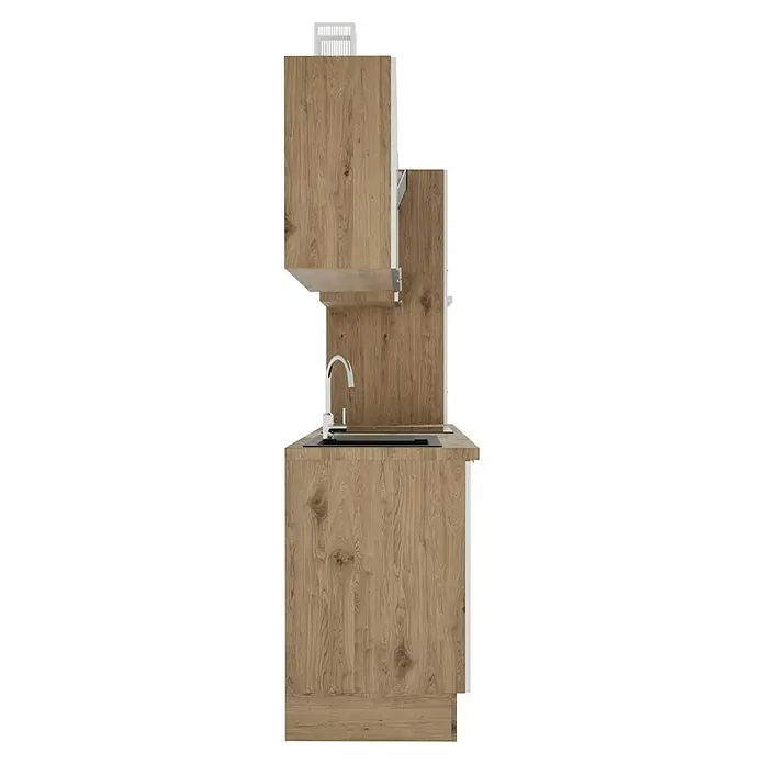 BAUHAUS Composición de cocina Marleen - Ancho: 370 cm, Blanco, Color del cuerpo: Marrón, Con electrodomésticos - Una unidad de cocina moderna con aspecto de madera con fregadero, grifo y almacenamiento ofrece una solución elegante.
