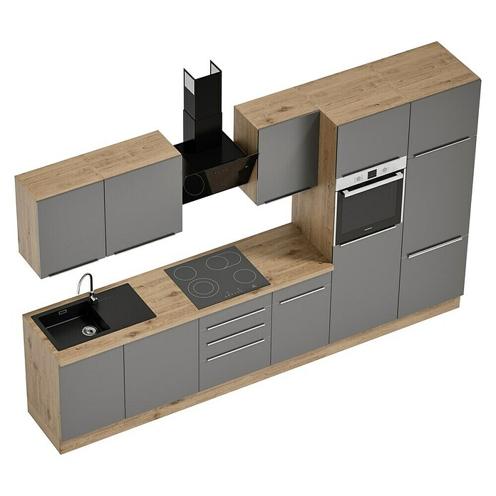 BAUHAUS Composición de cocina Marleen (Ancho: 340 cm, Gris, Color del cuerpo: Marrón, Con electrodomésticos) | BAUHAUS