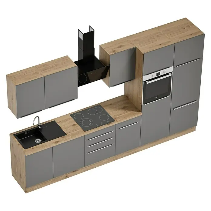 BAUHAUS Composición de cocina Marleen - Ancho: 340 cm, Gris, Color del cuerpo: Marrón, Con electrodomésticos - Una cocina moderna con armarios grises, encimeras de madera y electrodomésticos integrados. La campana es negra.