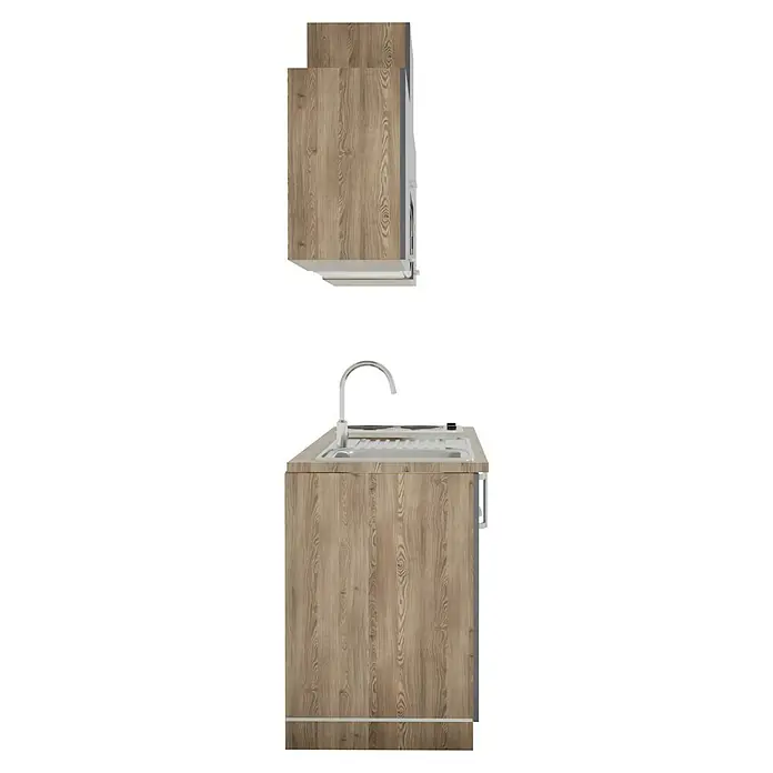 Respekta Cocina compacta Luis - Ancho: 150 cm, Gris, Placa de cocción doble, frigorífico y microondas, Microondas, Color de la encimera: Roble - Una vista cercana de un fregadero de cocina con encimera de madera y un lavavajillas con un frente de madera. Los electrodomésticos tienen una imagen unificada.