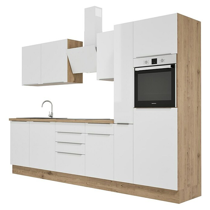 BAUHAUS Composición de cocina Marleen (Ancho: 310 cm, Blanco, Color del cuerpo: Marrón, Con electrodomésticos) | BAUHAUS