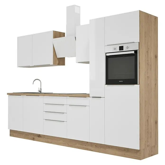 BAUHAUS Composición de cocina Marleen - Ancho: 310 cm, Blanco, Color del cuerpo: Marrón, Con electrodomésticos - Diseño de cocina con armarios blancos, detalles de madera y horno empotrado.