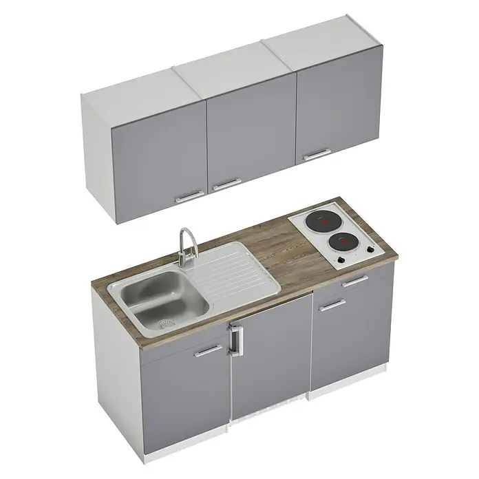 Respekta Cocina compacta Luis - Ancho: 150 cm, Gris, Frigorífico y placa de cocción doble, Color de la encimera: Roble - Unidad de cocina moderna con fregadero, fogones y armarios grises.