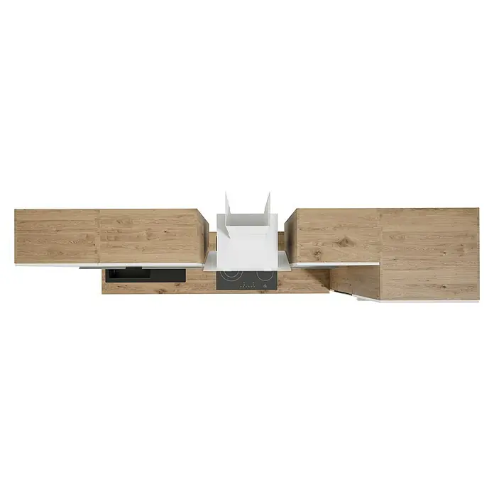 BAUHAUS Composición de cocina Marleen - Ancho: 280 cm, Blanco, Color del cuerpo: Marrón, Con electrodomésticos - Vista superior de una cocina moderna con armarios de madera clara y una campana extractora blanca sobre la placa. Diseño elegante.