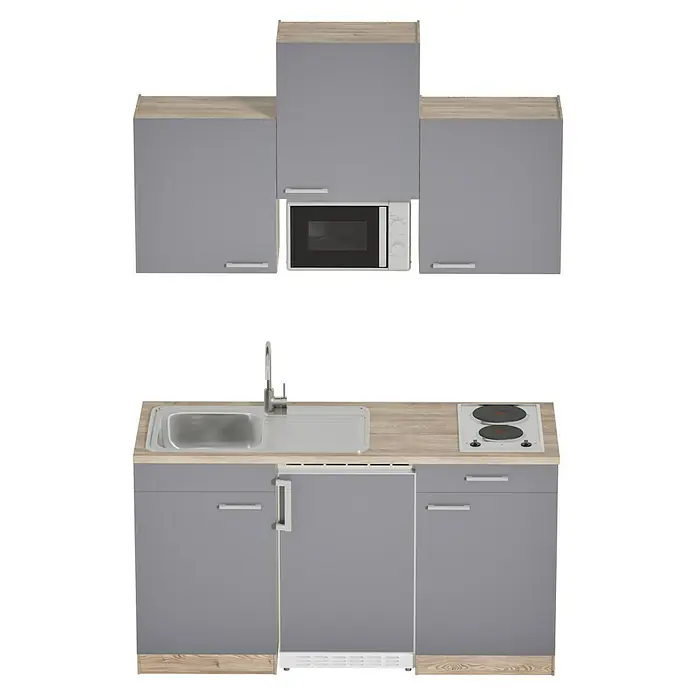 Respekta Cocina compacta Luis - Ancho: 150 cm, Gris, Placa de cocción doble, frigorífico y microondas, Microondas, Color de la encimera: Roble - Mueble de cocina con fregadero, vitrocerámica, armarios bajos y altos con microondas. La decoración de madera clara y los frentes grises parecen modernos.