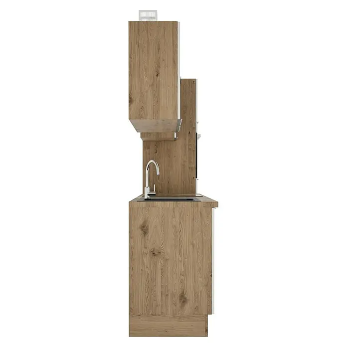 BAUHAUS Composición de cocina Marleen - Ancho: 340 cm, Blanco, Color del cuerpo: Marrón, Con electrodomésticos - Primer plano de un fregadero de cocina de madera con grifo moderno y estante, ideal para un diseño de cocina elegante.
