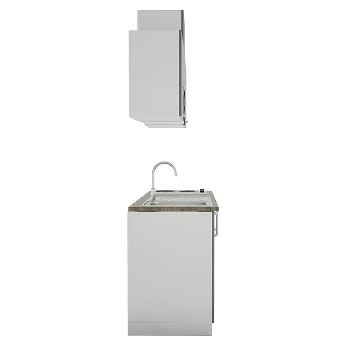 Respekta Cocina compacta Luis - Ancho: 150 cm, Gris, Con placa de cocina doble, Microondas, Color de la encimera: Nogal - Un lavadero con fregadero blanco, grifo, encimera de aspecto madera y armario blanco.