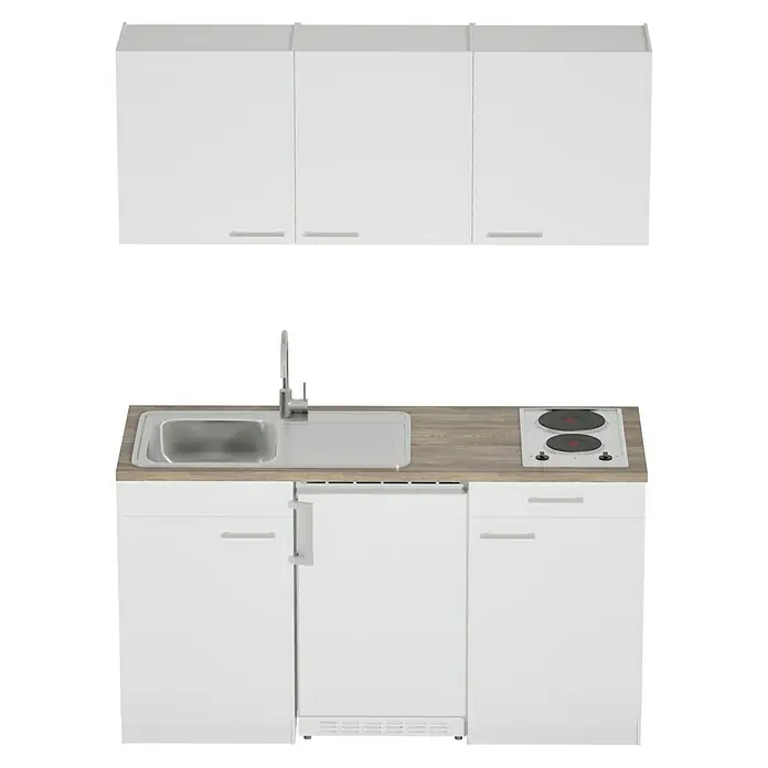 Respekta Cocina compacta Luis - Ancho: 150 cm, Blanco, Frigorífico y placa de cocción doble, Color de la encimera: Roble - Mueble de cocina con fregadero, vitrocerámica y armarios blancos para una solución de cocina compacta y moderna.