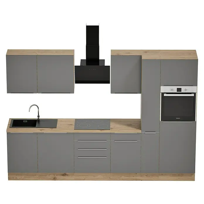 BAUHAUS Composición de cocina Marleen - Ancho: 310 cm, Gris, Color del cuerpo: Marrón, Con electrodomésticos - Cocina moderna con armarios grises y encimera de madera, incluyendo un fregadero, fogones y horno. La campana es negra.