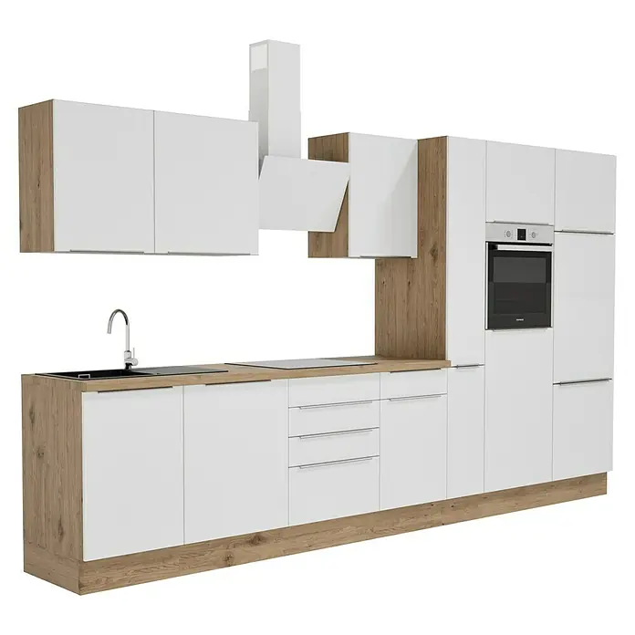 BAUHAUS Composición de cocina Marleen - Ancho: 370 cm, Blanco, Color del cuerpo: Marrón, Con electrodomésticos - Cocina moderna en blanco y aspecto de madera, con electrodomésticos integrados y un diseño elegante. Ideal para espacios contemporáneos.