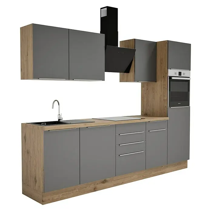 BAUHAUS Composición de cocina Marleen - Ancho: 280 cm, Gris, Color del cuerpo: Marrón, Con electrodomésticos - Cocina elegante y moderna con armarios grises y detalles de madera. Incluye fregadero, estufa, campana extractora y horno integrado.