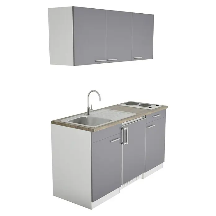 Respekta Cocina compacta Luis - Ancho: 150 cm, Gris, Frigorífico y placa de cocción doble, Color de la encimera: Roble - Cocina americana compacta con fregadero, vitrocerámica y almacenaje en gris y blanco, ideal para espacios pequeños. Solución de cocina práctica.