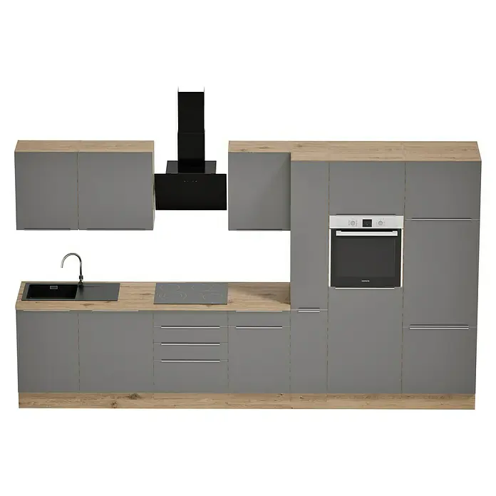 BAUHAUS Composición de cocina Marleen - Ancho: 370 cm, Gris, Color del cuerpo: Marrón, Con electrodomésticos - Cocina moderna con armarios grises, encimeras de madera, fregadero, fogones, horno y campana extractora.