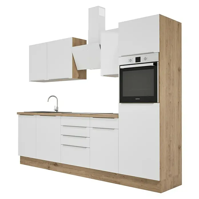 BAUHAUS Composición de cocina Marleen - Ancho: 280 cm, Blanco, Color del cuerpo: Marrón, Con electrodomésticos - Esta foto muestra una cocina moderna blanca y con aspecto de madera con horno empotrado y campana extractora.