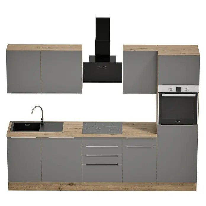 BAUHAUS Composición de cocina Marleen - Ancho: 280 cm, Gris, Color del cuerpo: Marrón, Con electrodomésticos - Cocina moderna gris con encimera de madera, fregadero, fogones y horno. Diseño elegante para un hogar contemporáneo.