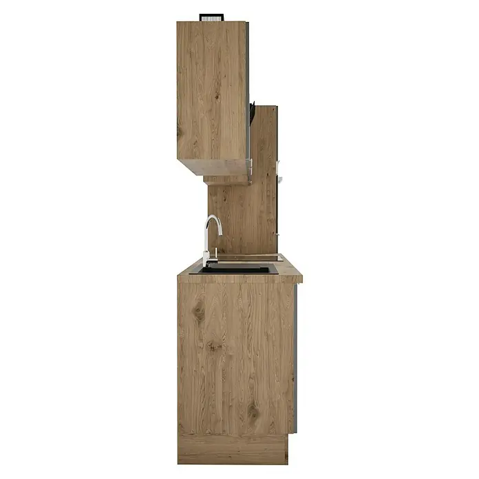 BAUHAUS Composición de cocina Marleen - Ancho: 280 cm, Gris, Color del cuerpo: Marrón, Con electrodomésticos - Esta imagen muestra una moderna unidad de cocina con detalles en madera, incluyendo un fregadero y grifo.