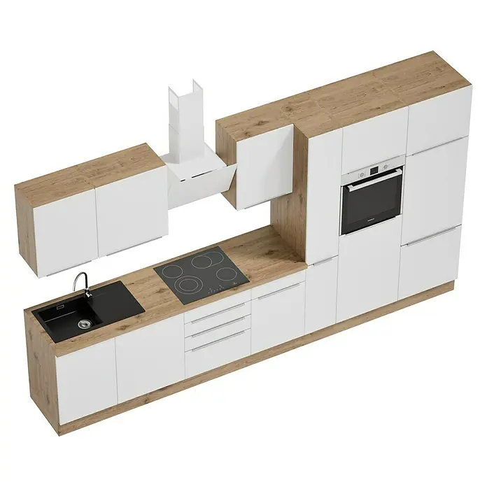 BAUHAUS Composición de cocina Marleen - Ancho: 370 cm, Blanco, Color del cuerpo: Marrón, Con electrodomésticos - Vista de la cocina con fregadero, vitrocerámica, horno y campana extractora con diseño moderno con elementos de madera y blancos.