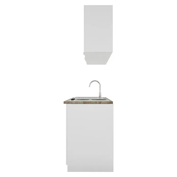 Respekta Cocina compacta Luis - Ancho: 150 cm, Blanco, Frigorífico y placa de cocción doble, Color de la encimera: Roble - Un fregadero de cocina moderno con grifo y un mueble base blanco con una encimera con aspecto de madera.