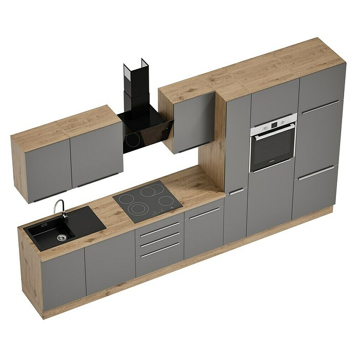 BAUHAUS Composición de cocina Marleen (Ancho: 370 cm, Gris, Color del cuerpo: Marrón, Con electrodomésticos) | BAUHAUS