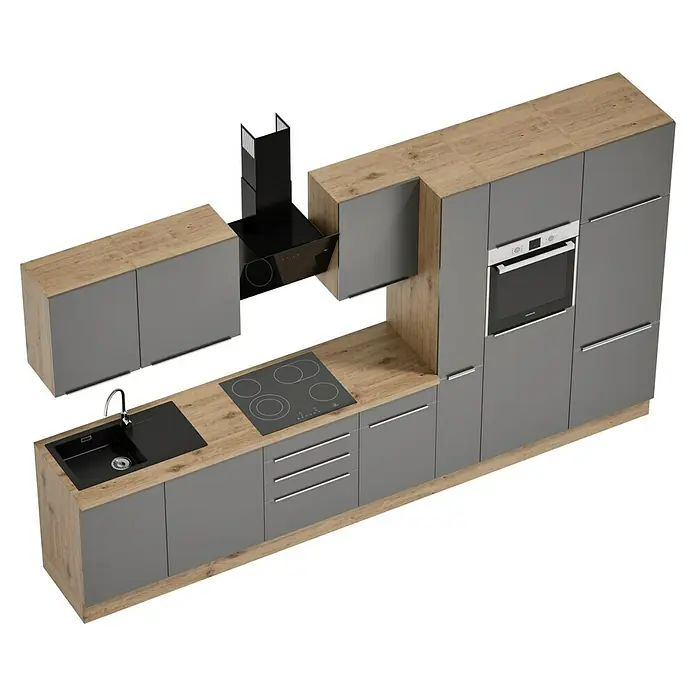 BAUHAUS Composición de cocina Marleen - Ancho: 370 cm, Gris, Color del cuerpo: Marrón, Con electrodomésticos - Cocina moderna en gris y aspecto de madera con fogones y fregadero integrados, campana extractora y horno para experiencias culinarias actuales.