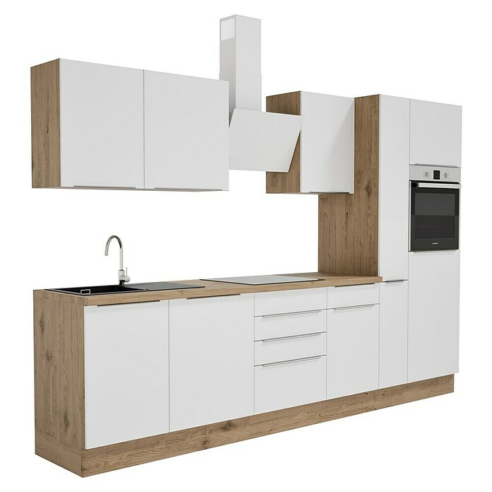 BAUHAUS Composición de cocina Marleen (Ancho: 310 cm, Blanco, Color del cuerpo: Marrón, Con electrodomésticos) | BAUHAUS