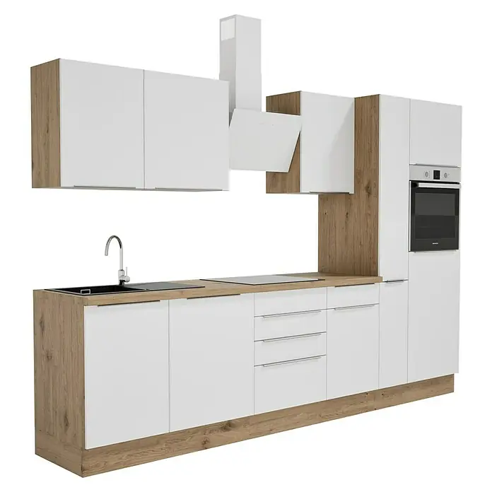 BAUHAUS Composición de cocina Marleen - Ancho: 310 cm, Blanco, Color del cuerpo: Marrón, Con electrodomésticos - Elegante conjunto de cocina en blanco y aspecto madera con armarios modernos, fregadero, placa de cocina y horno integrado para un ambiente elegante.