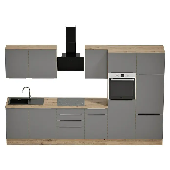 BAUHAUS Composición de cocina Marleen - Ancho: 340 cm, Gris, Color del cuerpo: Marrón, Con electrodomésticos - Una cocina gris moderna con encimera de madera, que incluye fregadero, fogones, campana extractora y horno. Diseño elegante para su hogar.