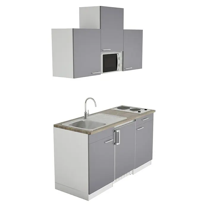 Respekta Cocina compacta Luis - Ancho: 150 cm, Gris, Con placa de cocina doble, Microondas, Color de la encimera: Nogal - Foto del producto de una cocina compacta con fregadero, vitrocerámica, microondas y espacio de almacenamiento en gris y blanco. Ideal para espacios pequeños.
