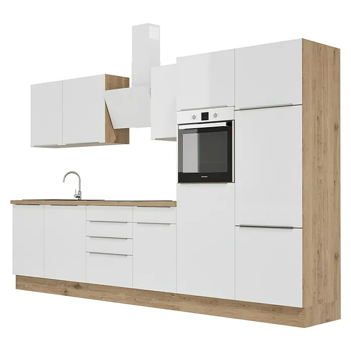 BAUHAUS Composición de cocina Marleen - Ancho: 340 cm, Blanco, Color del cuerpo: Marrón, Con electrodomésticos - Diseño de cocina moderna con armarios blancos, detalles de madera y horno integrado para funcionalidad elegante.
