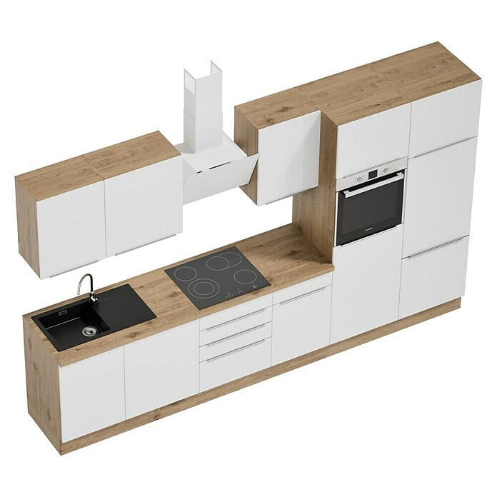 BAUHAUS Composición de cocina Marleen (Ancho: 340 cm, Blanco, Color del cuerpo: Marrón, Con electrodomésticos) | BAUHAUS